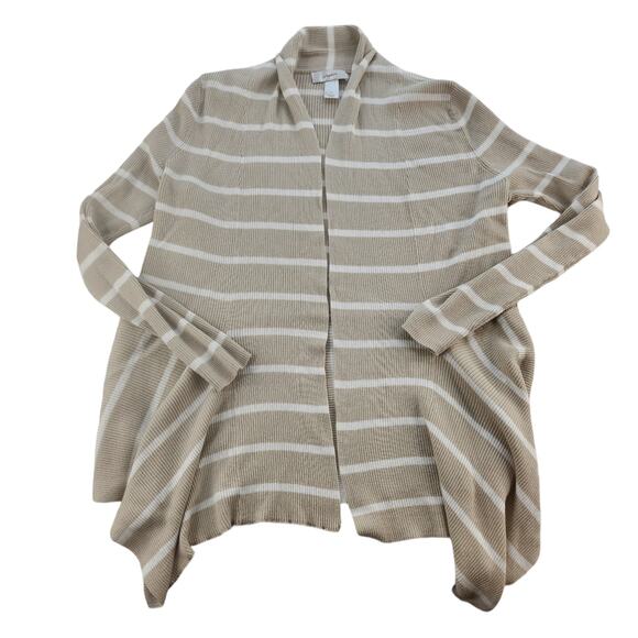 Tan Striped Cardigan Womens 1X High Low Knit Ribbed White Beige Boho Bohemian - Picture 3 of 13